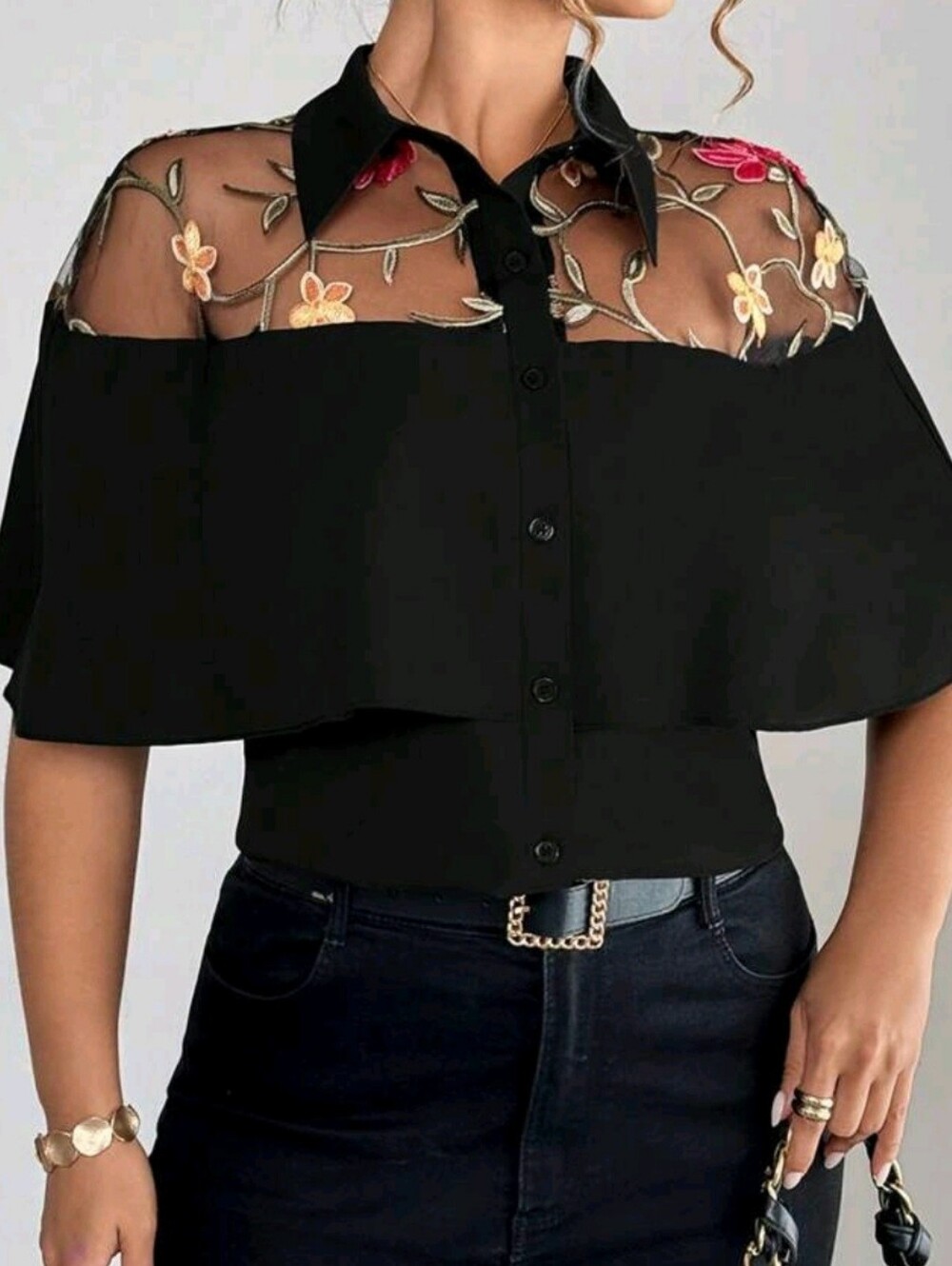 SHEIN Black Sheer Floral Embroidered Off-Shoulder Blouse